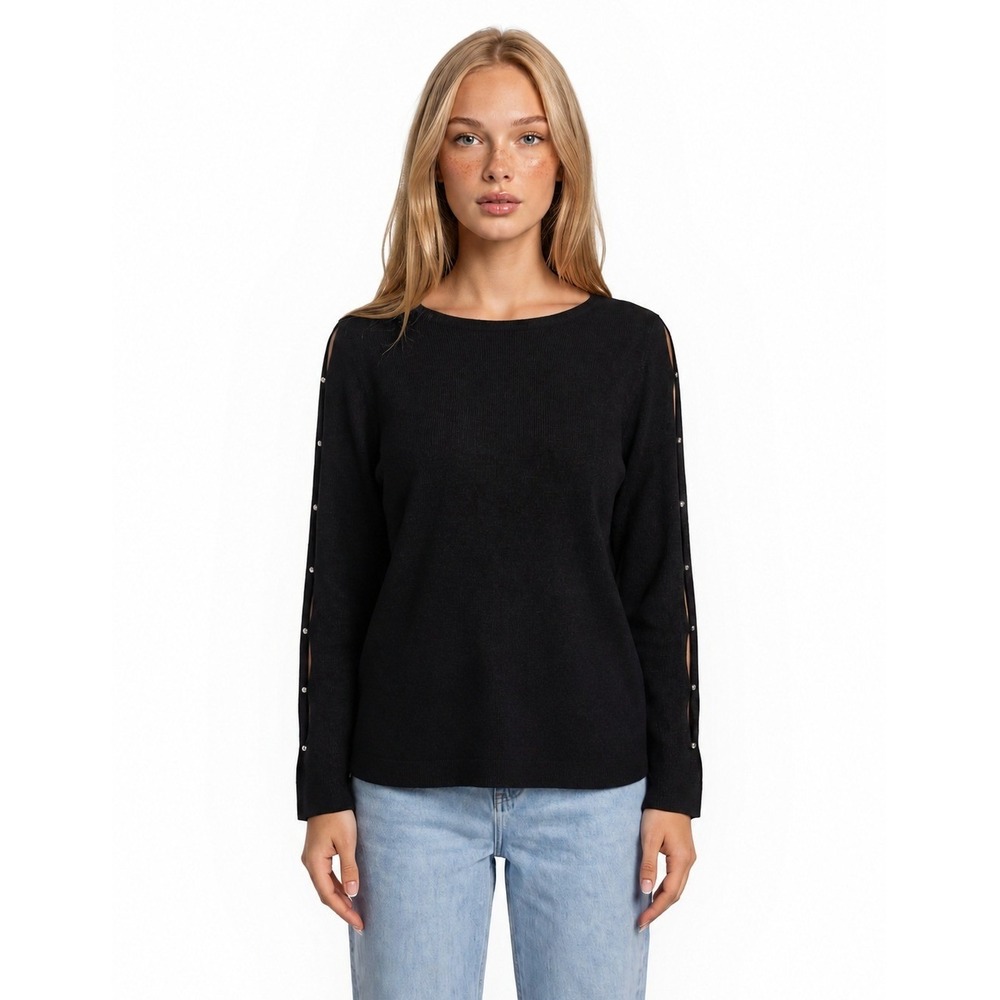 Neiman Marcus 100% Cashmere Sweater Womens Size Medium Black Pearl Button Sleeve